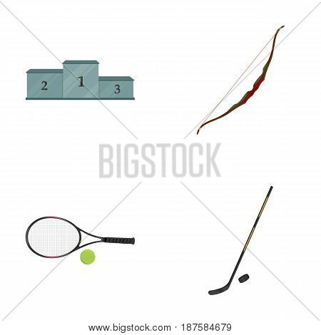 Pedestal of honor for the winners, bow for shooting arrows, racket with a ball for the tennis, hockey stick and puck. Sports set collection icons in cartoon style vector symbol stock illustration .