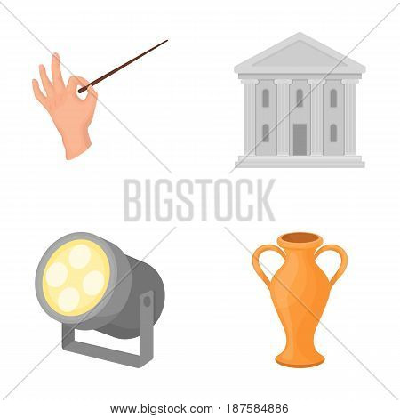 Conductor s baton, theater building, searchlight, amphora.Theatre set collection icons in cartoon style vector symbol stock illustration .