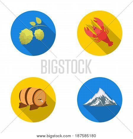 Alps, a barrel of beer, lobster, hops. Oktoberfestset collection icons in flat style vector symbol stock illustration .