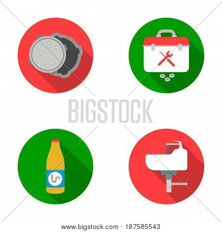 A sewer hatch, a tool box, a wash basin and other equipment.Plumbing set collection icons in flat style vector symbol stock illustration .