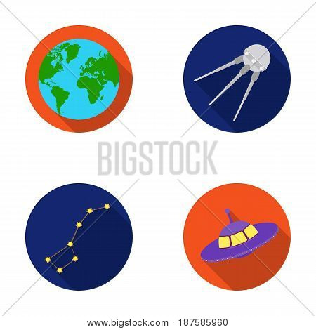 Planet Earth with continents and oceans, flying satellite, Ursa Major, UFO. Space set collection icons in flat style vector symbol stock illustration .