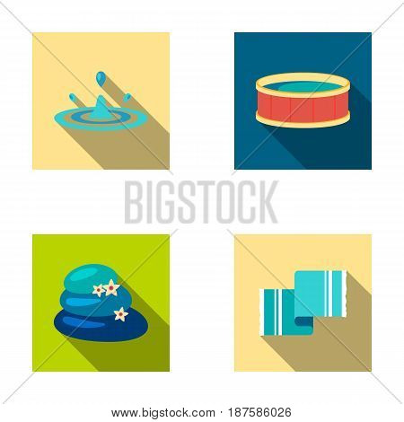 Drops of water, pool or basin with hot water, spa stones with lotus flowers, towel for the pool. Spa set collection icons in flat style vector symbol stock illustration .