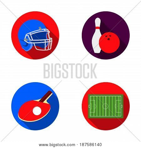 Keglie and bowling ball, protective helmet for rugby, racket and ball for playing ping-pong, field, stadium for football. Sport set collection icons in flat style vector symbol stock illustration .