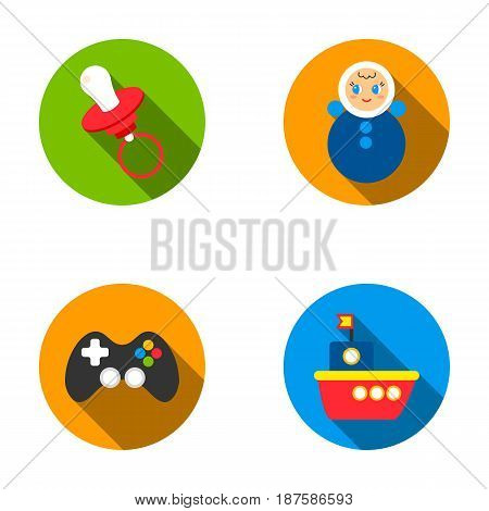 Nipple, doll tumbler, joystick, ship.Toys set collection icons in flat style vector symbol stock illustration .