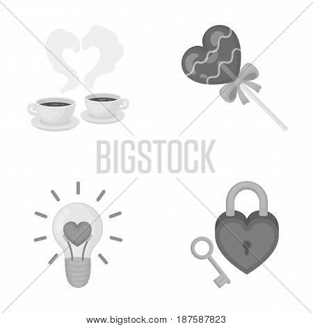 Cups with coffee, valentine, lamp, lock with key. Romantic set collection icons in monochrome style vector symbol stock illustration .