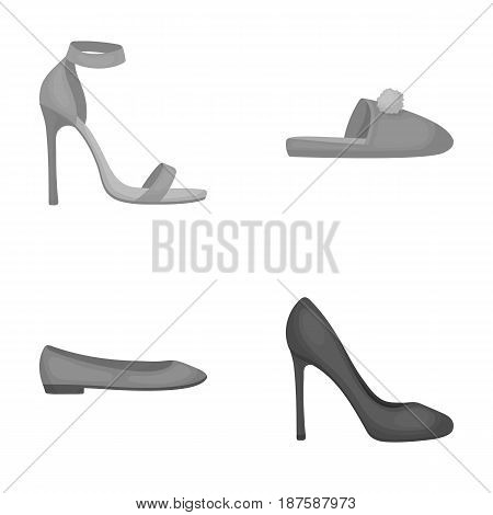 Blue high-heeled sandals, homemade lilac slippers with a pampon, pink women s ballet flats, brown high-heeled shoes. Shoes set collection icons in monochrome style vector symbol stock illustration .
