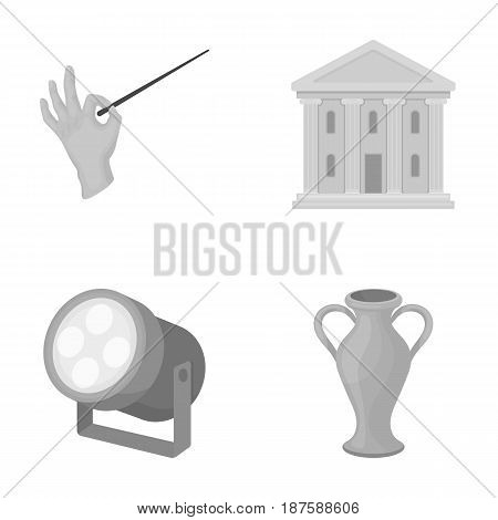 Conductor s baton, theater building, searchlight, amphora.Theatre set collection icons in monochrome style vector symbol stock illustration .