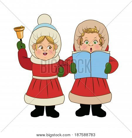cartoon woman christmas caroling with song book and bell vector Illustration