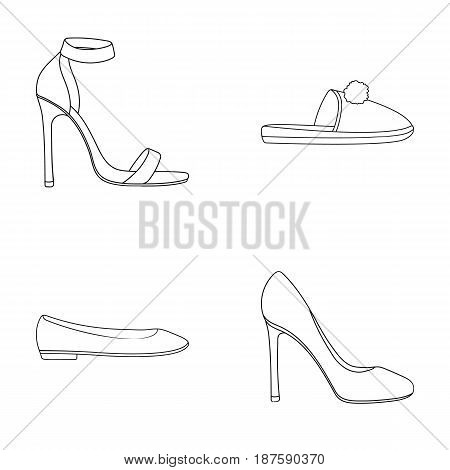 Blue high-heeled sandals, homemade lilac slippers with a pampon, pink women s ballet flats, brown high-heeled shoes. Shoes set collection icons in outline style vector symbol stock illustration .