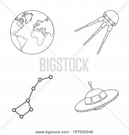 Planet Earth with continents and oceans, flying satellite, Ursa Major, UFO. Space set collection icons in outline style vector symbol stock illustration .