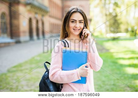 Happy Student Girl Speaking Mobile Outdoors Summer Campus Exam Time