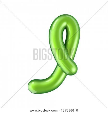 Glossy green letter I uppercase. 3D rendering font with glint isolated on white background.