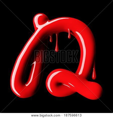 Glossy red letter D uppercase. 3D rendering font with glint on black background.