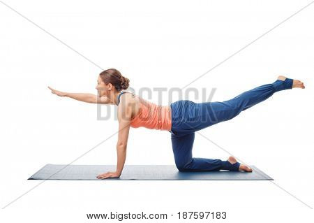 Woman doing Hatha yoga asana isolated on white background