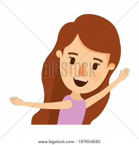 colorful caricature side view half body girl with long wavy hair and hands up vector illustration