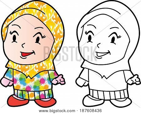Illustration of Melayu Muslim girl. Vector Cartoon character for coloring