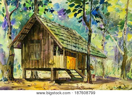 Watercolor landscape original painting colorful of wooden house in forest and parsonageintrospection in green tree emotion background