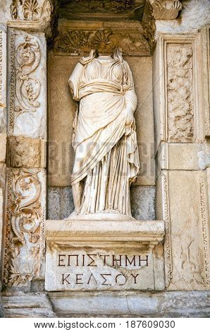 Statue of Sophia (Wisdom) in front of Library of Celsus, Ephesus, Turkey