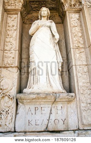 Statue of Arete, in the wall of the Celsus Library, Ephesus, Turkey
