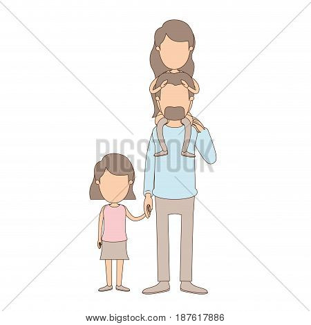 light color caricature faceless dad with daugther on his back and girl taken hands vector illustration