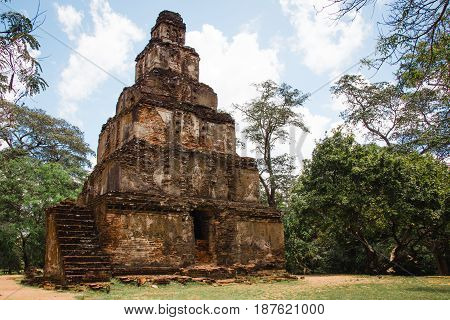 The mysterious stepped pyramid temple known as Satmahal Prasada found in the quadrangle at Polonnaruwa Sri Lanka