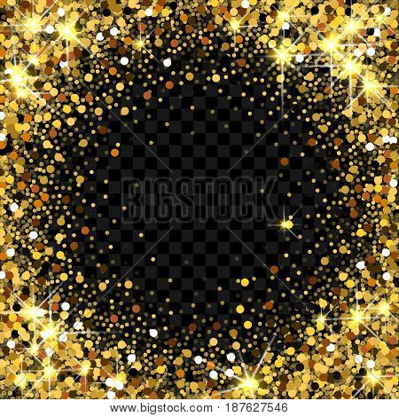 Gold glitter frame with empty space for text. Scattered golden confetti border on transparent background. Bright shining gold. Rich luxury fashion glitter backdrop. Golden round dots.
