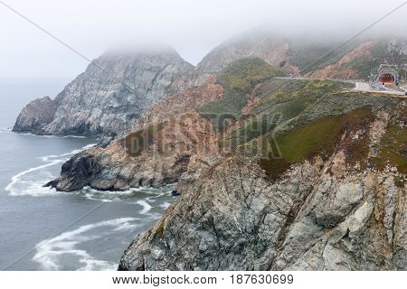 Devil's Slide In Fog. Pacifica and Montara, San Mateo County, California, USA.
