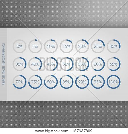 0 5 10 15 20 25 30 35 40 45 50 55 60 65 70 75 80 85 90 95 100 percent pie charts. Vector percentage infographics. Circle diagrams isolated. Set of business icon illustrations
