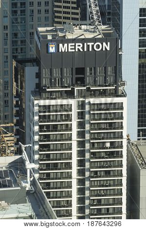 Sydney, Australia - May 16, 2017: View of an apartment building constructed by Meriton in Sydney CBD. Meriton is Australia's largest apartment developer.