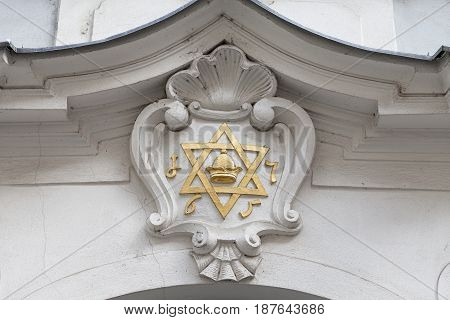 Star of David -relief on facade of synagogue JosefovJewish quarter of Prague Czech Republic Europe