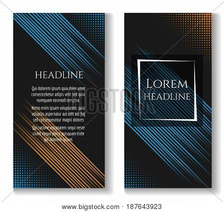 Business brochure vector template with blue and yellow motion speed lines on black background