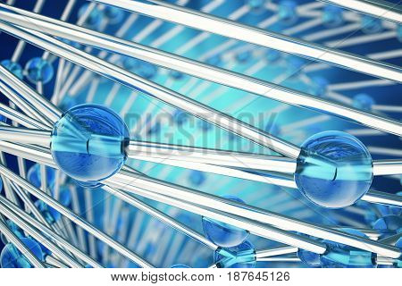 3D rendering abstract molecules design. Atoms. Medical background for banner or flyer. Molecular structure with blue spherical particles.