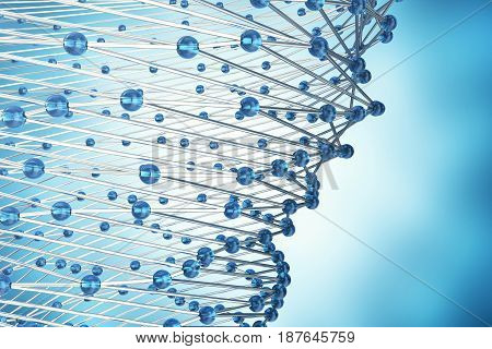 3D rendering abstract molecules design. Atoms. Medical background for banner or flyer. Molecular structure with blue spherical particles.