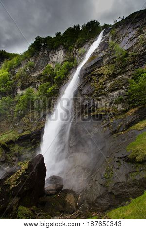 powerful waterfall in Foroglio Bavona in Swiss mountains