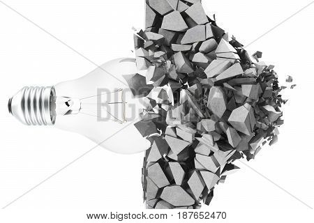 3d rendering light bulb, demolishing wall smithereens, concept of creative thinking and innovation