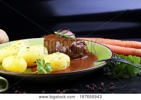 Tasty Roulades Beef On Plate With Potato, Sauce, Close Up. Beef Roll, Wrap Of Slice Of Beef