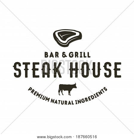 Steak house logo design. Bar and grill logotype, emblem. Food label in monochrome style. Stock vector badge. Isolated on white background.