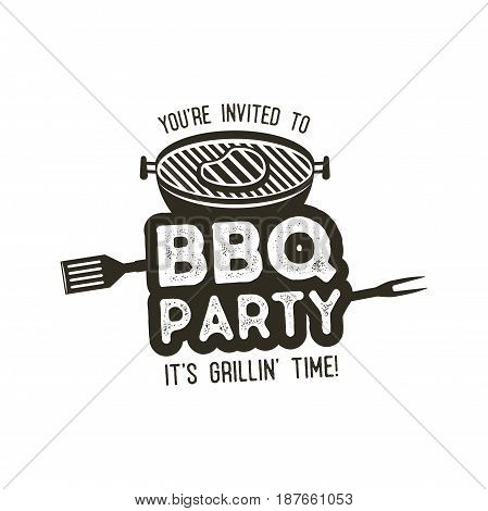 BBQ party typography poster template in retro old style. Offset and letterpress design. Letter press label, emblem. Isolated on white background. Stock vector