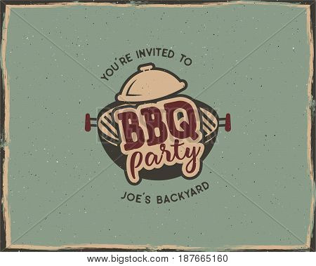 BBQ party typography poster template in retro old style. Offset and letterpress design. Letter press label, emblem. Isolated on scratched background. Stock illustration.
