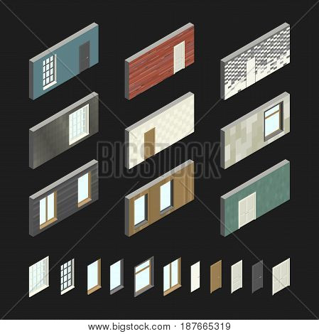 Wall patterns with doors and windows in isometric view.Vector illustration of set with different wall covering.