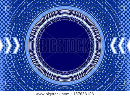 Complex blue abstract background: template - concentric circles halftone and arrows on blue in vector. Camera lens