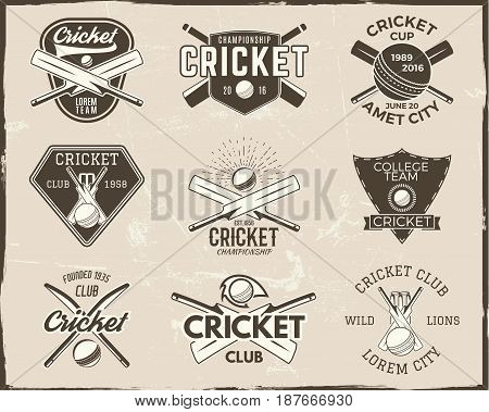 Set of retro cricket sports template logo designs. Use as icons, badges, label, emblems or print. Vector illustration sport championship. Isolated on scratched background.