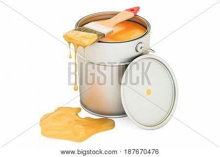 Can with orange paint and brush 3D rendering