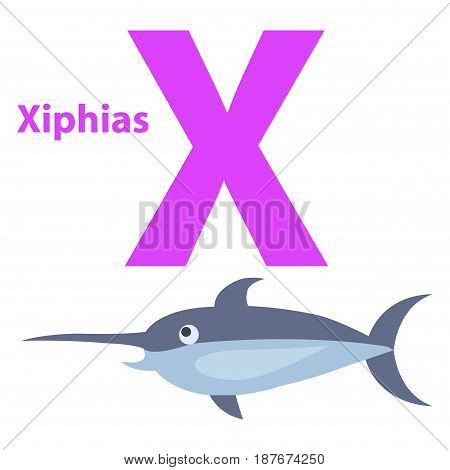 Funny alphabet with cartoon animal purple letter X and gray xiphias on white background. Vector illustration of english ABC for babies. Drawn large fish with sharp nose. Flat design teaching icon.