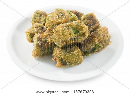 Fried Chinese Pancake or Fried Steamed Dumpling Made of Garlic Chives Rice Flour and Tapioca Flour Isolated on White Background. Traditional Food of China.