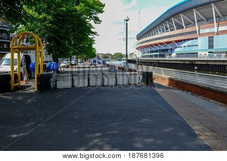Cardiff Wales - May 21 2017: Millennium Football Stadium side view with anti terrorism protection installed.