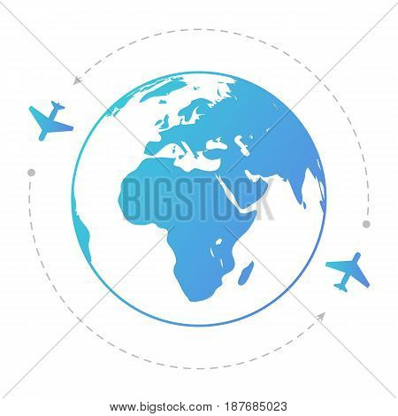 Two aircraft around the globe. Contour illustration. Editable eps10 vector. Transparent background.