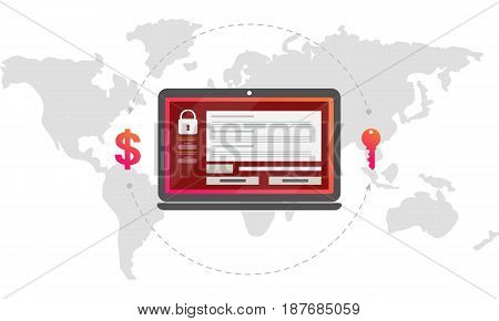 Virus encryptor message on laptop screen. Money exchange for a key. Editable eps10 Vector. Transparent background.