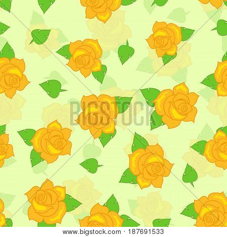 Yellow rose with green leaves seamless pattern. Illustration of isolated big blossoms in cartoon style walllpaper, wrapping paper. Fashion decoration endless texture. Floral embellishment. Vector