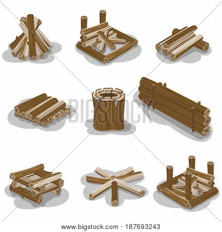 Campfire stump logs collection isolated on white background. Vector poster of wood pieces without fire put in various positions. Touristic burning firewood set in flat design cartoon style